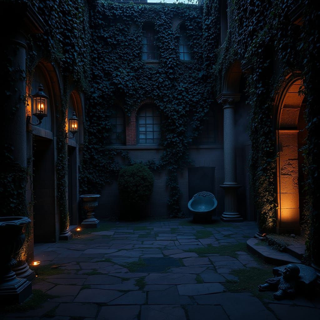 Eerie Stone Courtyard Engulfed by Twilight