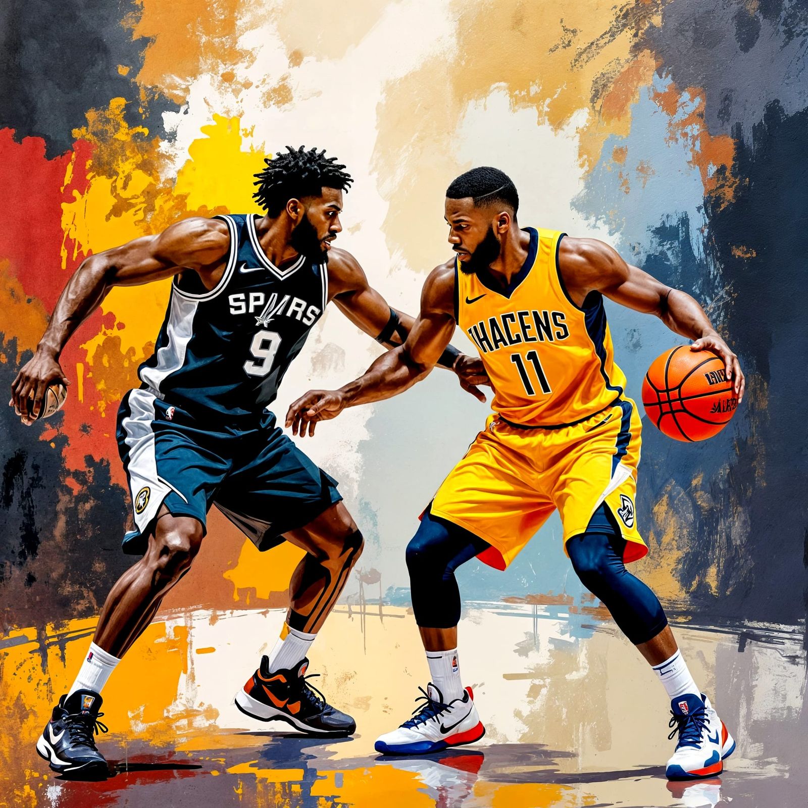 Abstract Basketball Game with Spurs and Pacers Jerseys