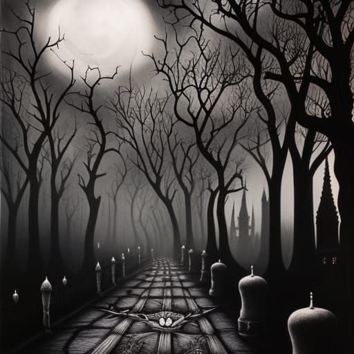 Eerie Gothic Cityscape Painting in Macabre Style