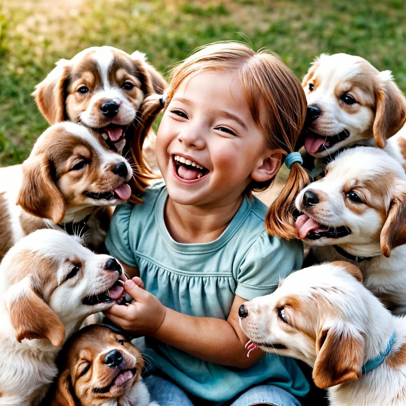 Joyful Girl Surrounded by Adorable Puppies in Pastel Hues