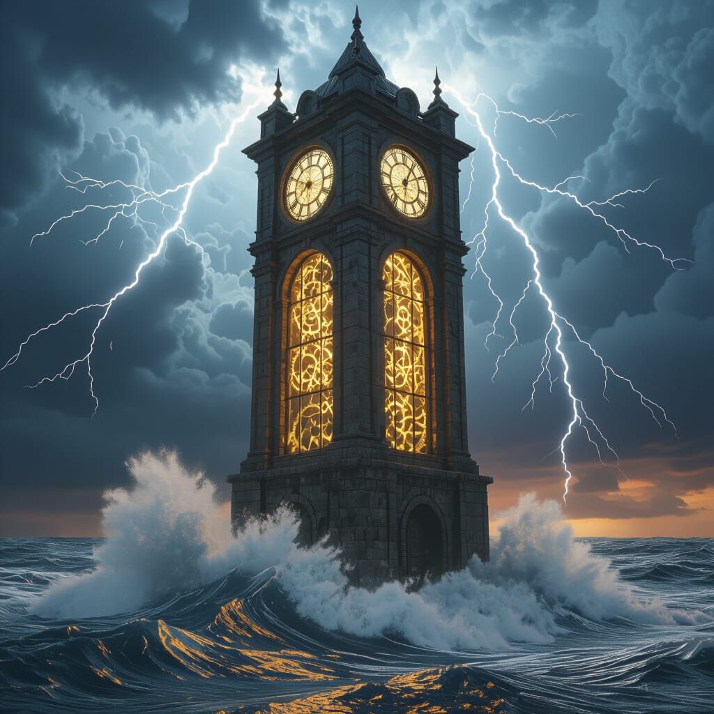 Colossal Clock Tower in Stormy Ocean, Golden Gears Visible