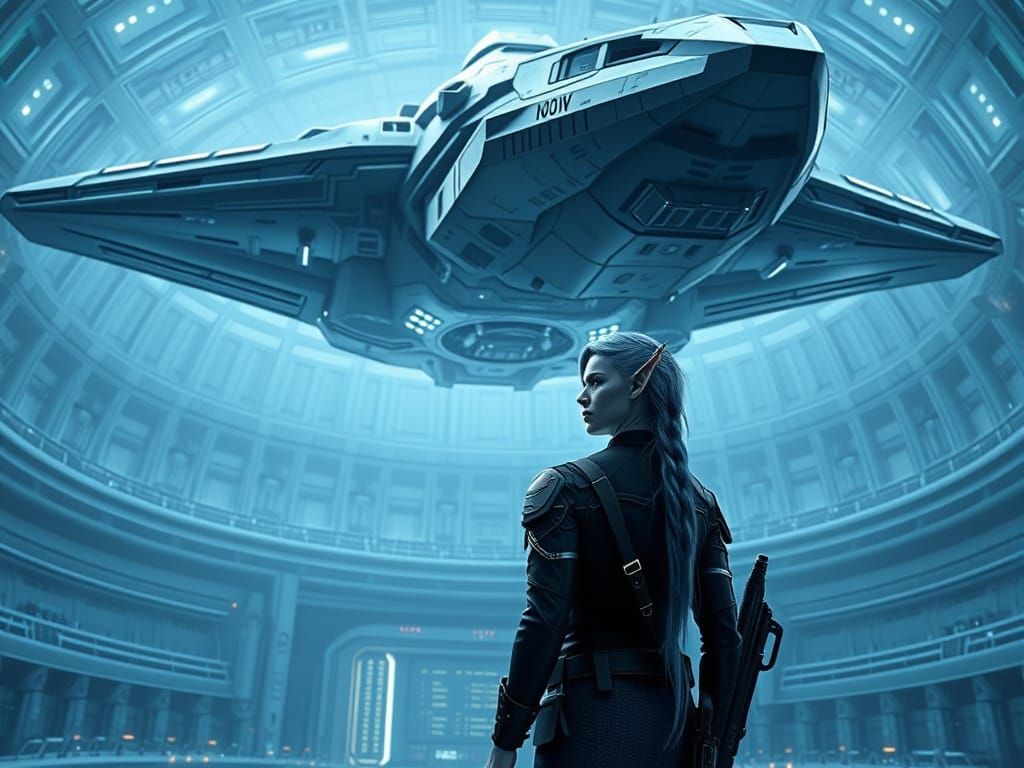 Elven Woman Gazing at Starship in Sci-Fi Hangar