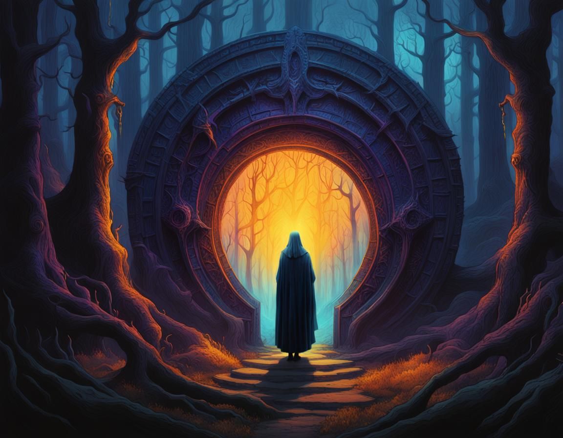 Mystical Witch and Glowing Portal in Dark Fantasy Art