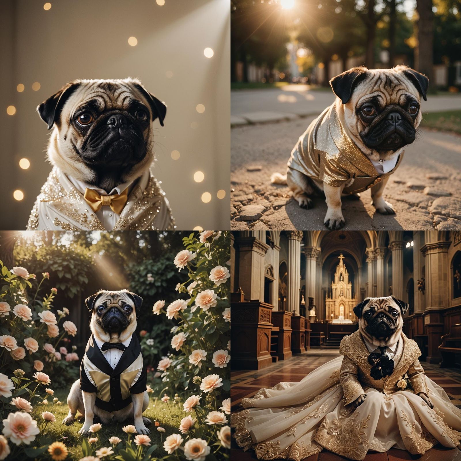Pug Dog in Wedding Suit: Cinematic Film Still