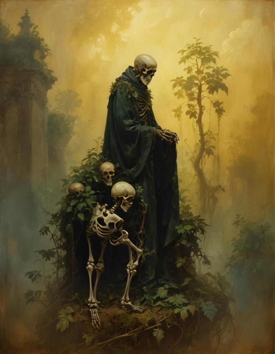 Skeleton Among Plants in Renaissance Style