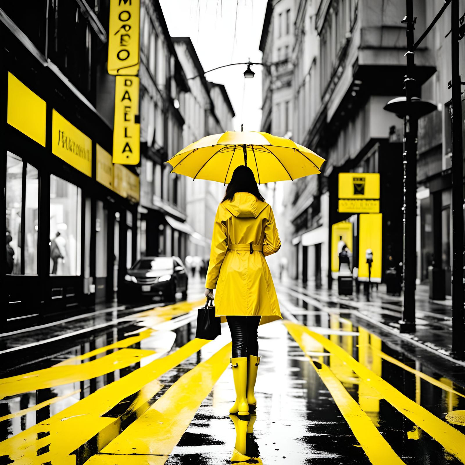 Woman in Yellow Raincoat: Color Splash Art