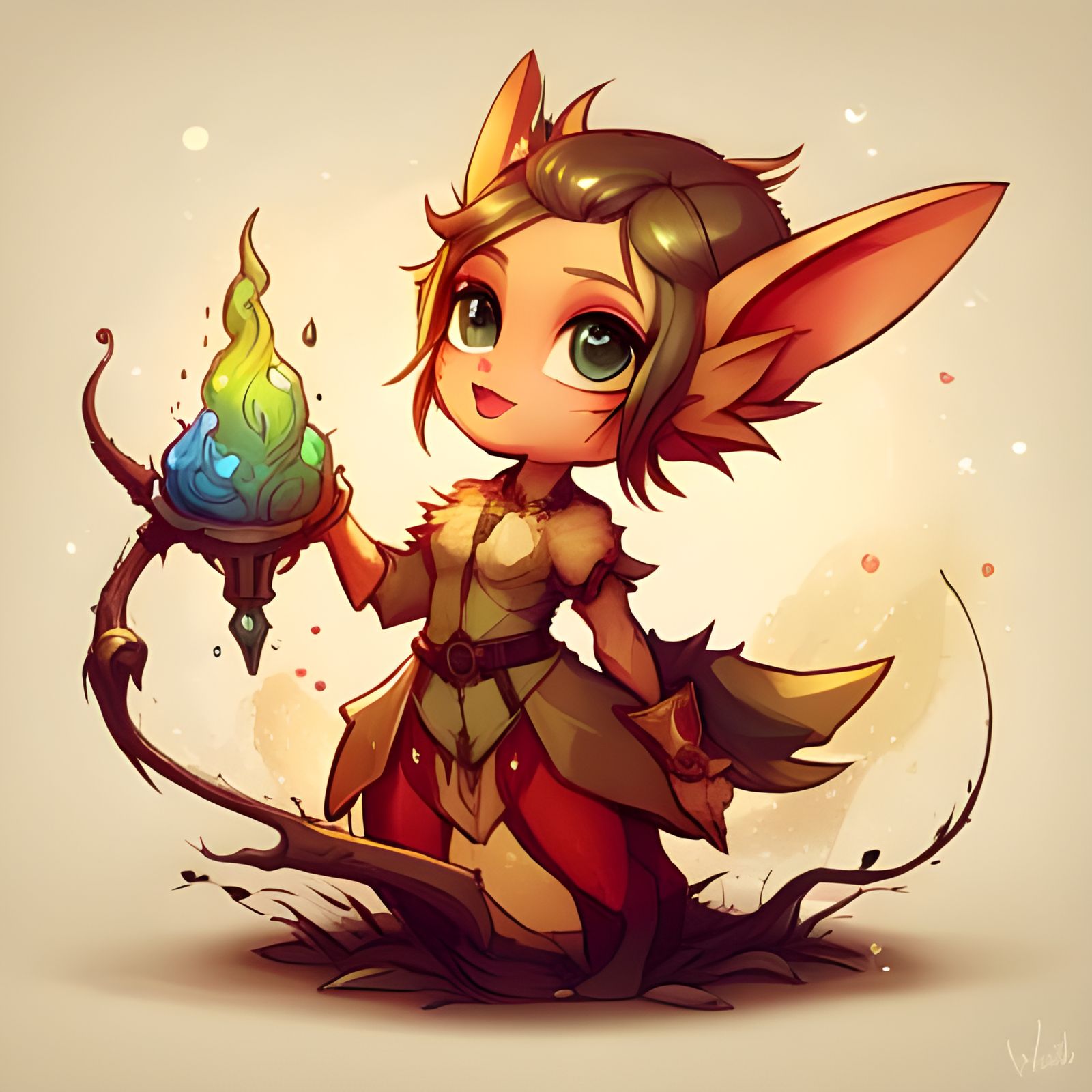 Detailed Chibi Elf Splash Art in Polychromatic Style