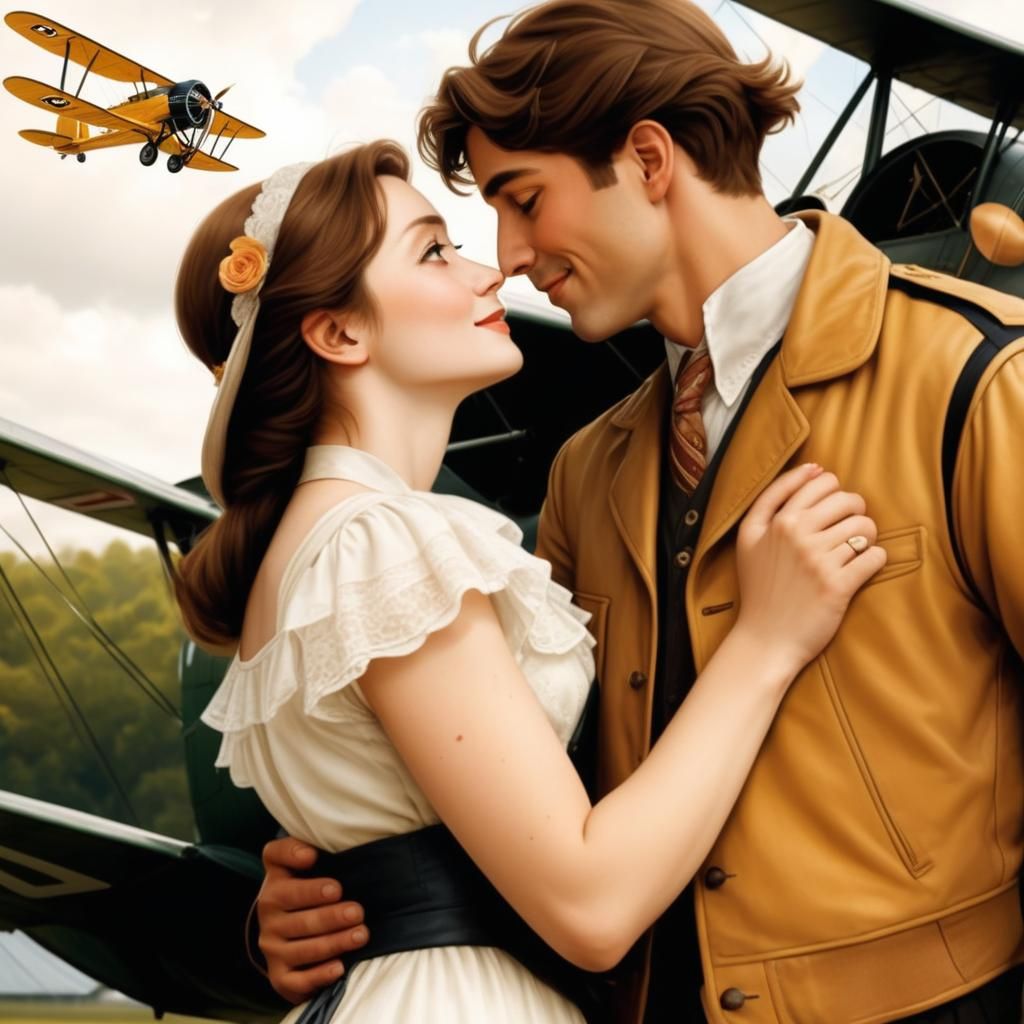 Lovers Embrace Under Skywritten Word LOVE