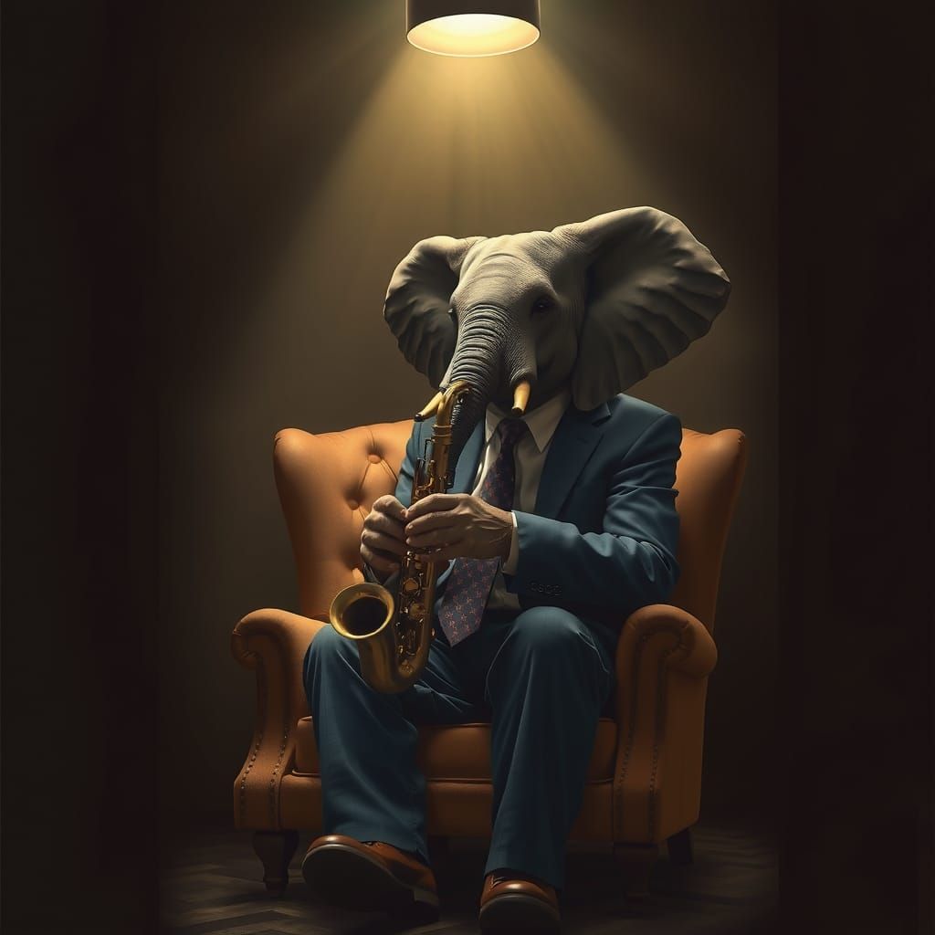 Elephant Plays Saxophone in Dimly Lit Room