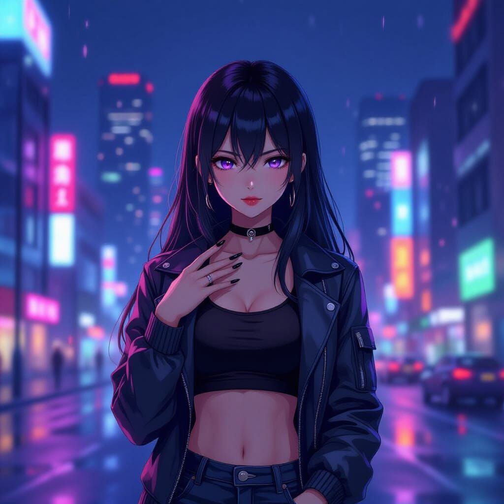 Anime Girl with Long Nails in Neon City
