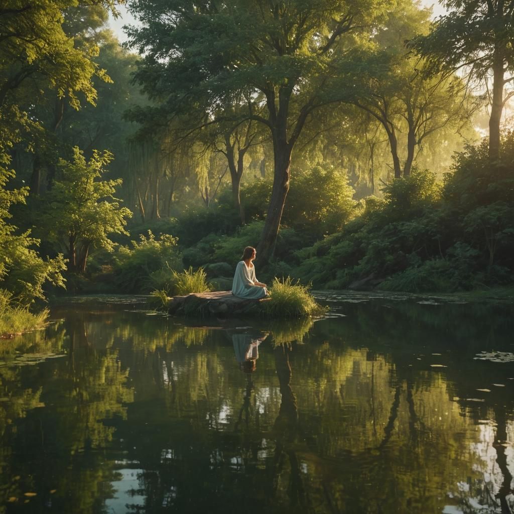 Serene Pondside Scene in Vibrant Surrealist Style