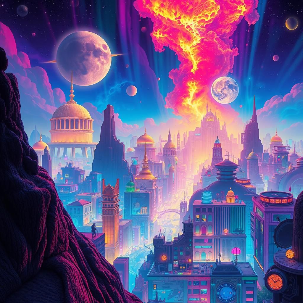 Vibrant Technicolor Dreamlike Cityscape in Futuristic Style