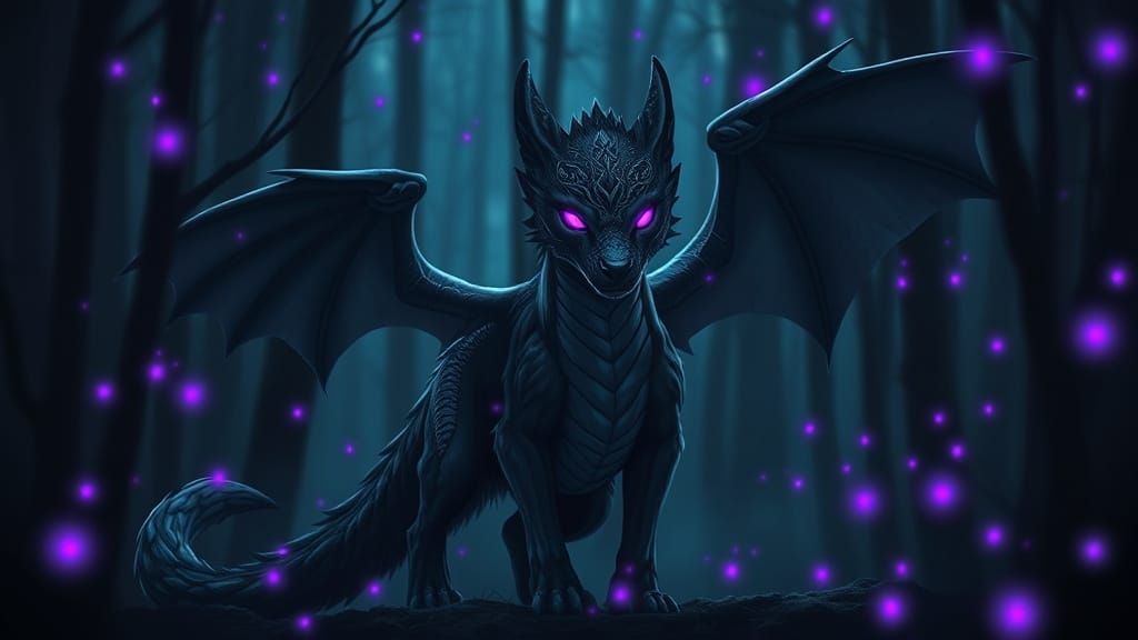 Majestic Dragon-Wolf in Ethereal Dark Forest
