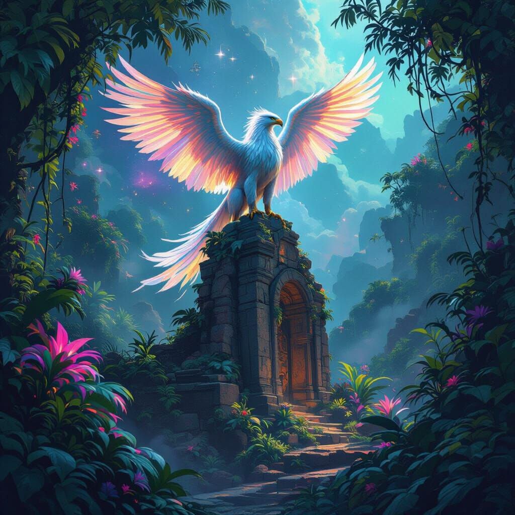Majestic Griffin on Ancient Ruins in Alien Jungle