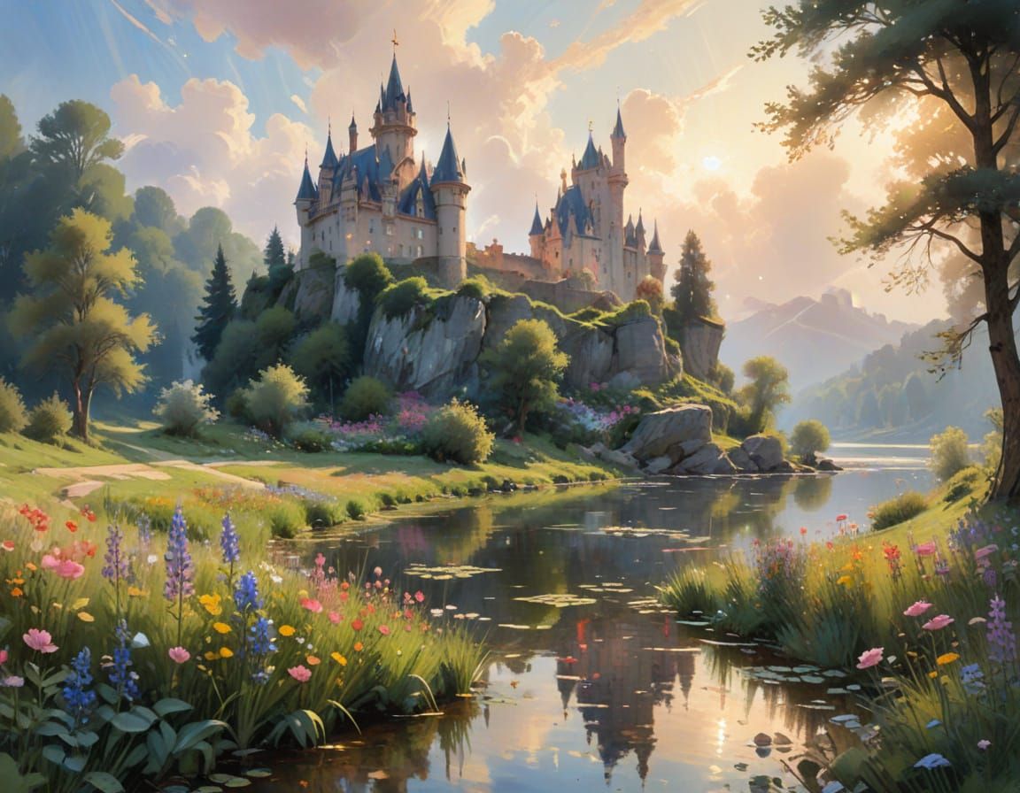 Fairytale Castle Reflected in Lake, Watercolour Aesthetic