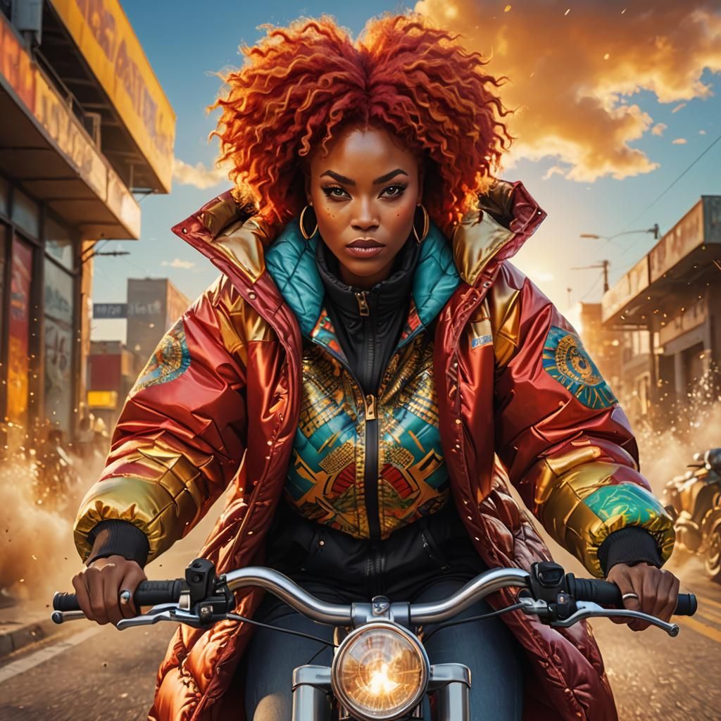 African American Woman Rides Power Bike in Fantasy Art