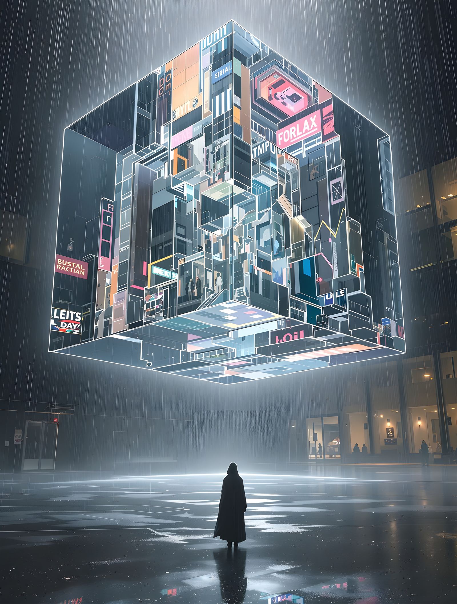 Fractured Rain Cube Above Flooded Courtyard