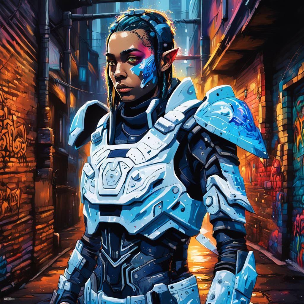 Cyberpunk Elf Warrior in Neon-Lit Alleyway Graffiti Art