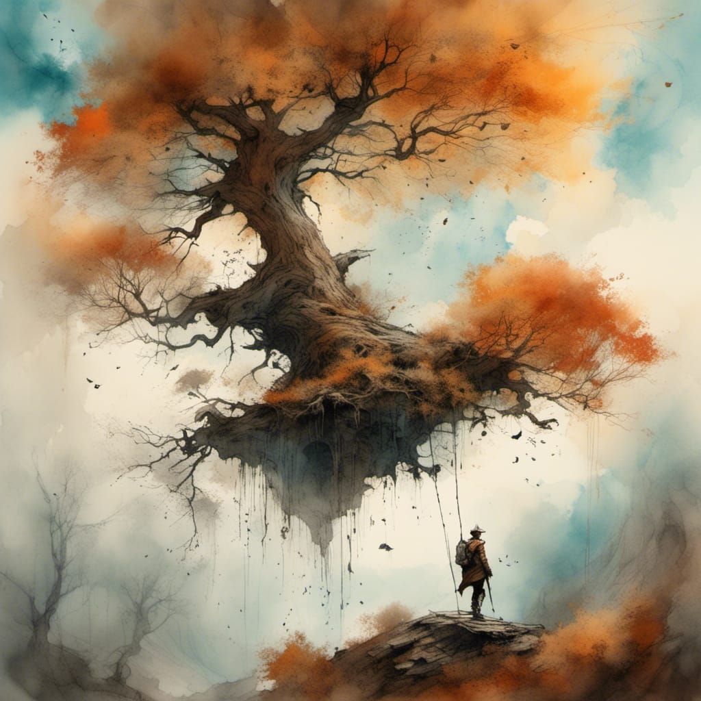 Autumn Traveler Reaching Clouds in Magic Realism