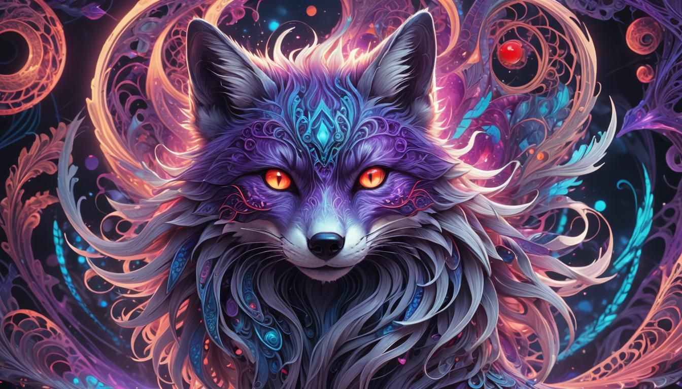 Fox God Portrait with Neon Aura in WLOP Style