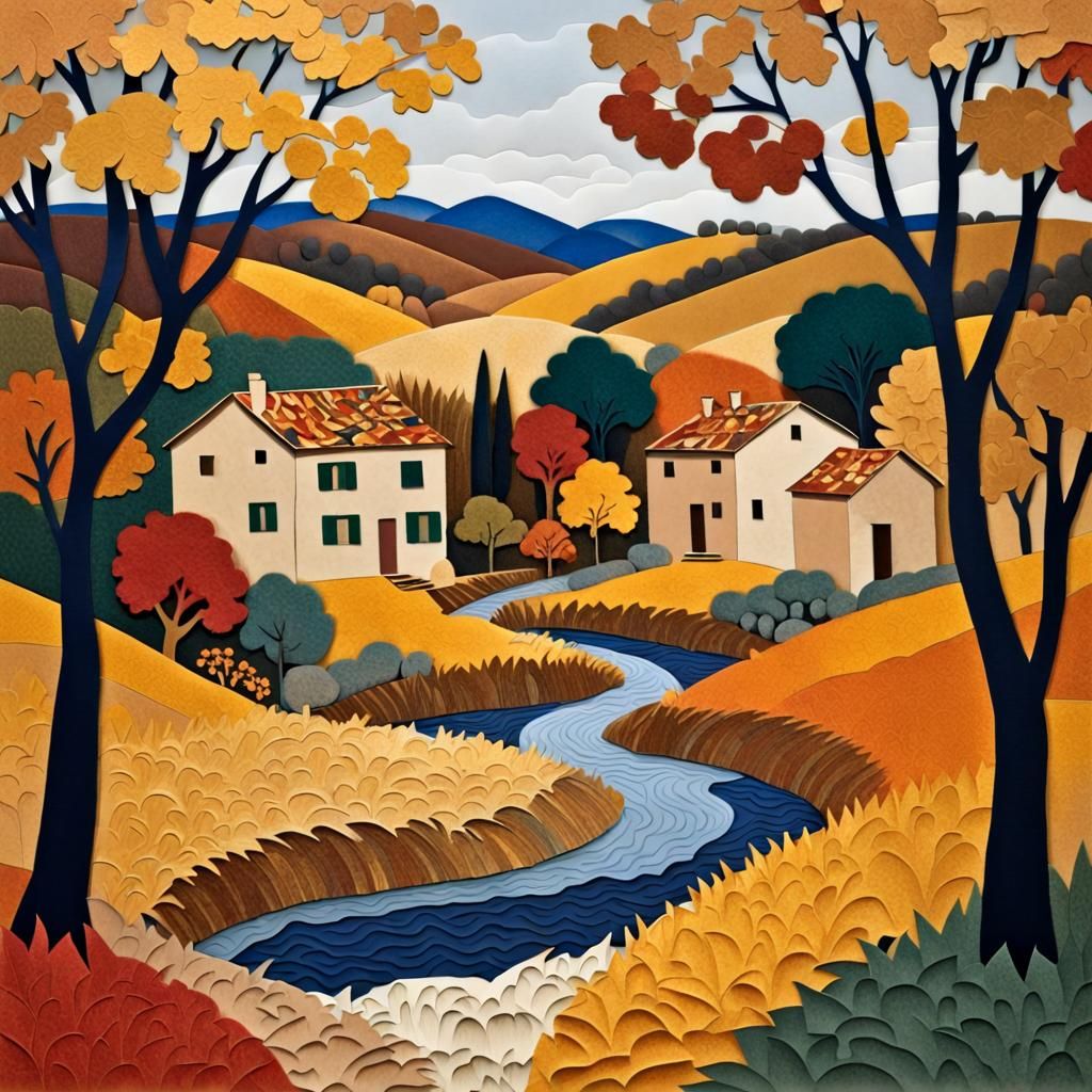 Autumn Countryside Home in Paper Collage Style