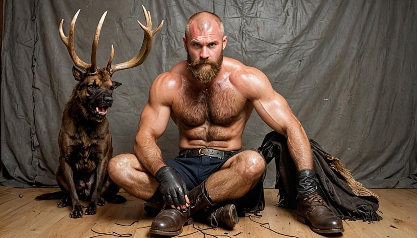 Hairy, Muscular Man with Antler Head in Background