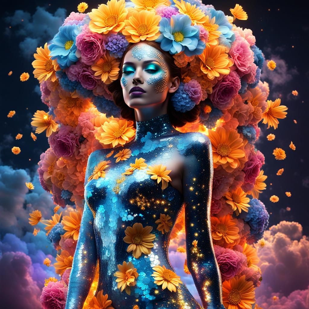 Neon Flower-Cloud Girl Body Art in 3D
