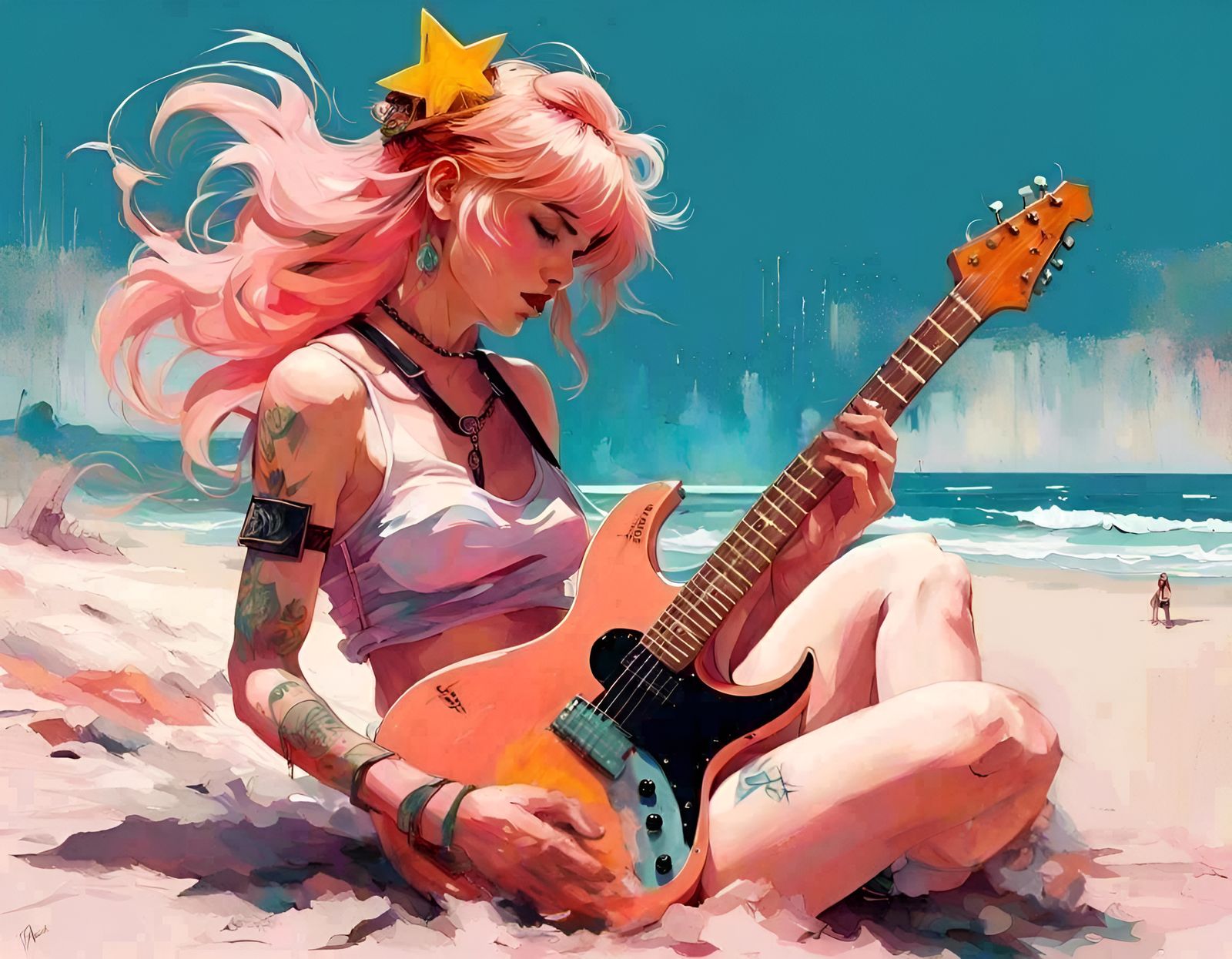 Princess Peach Plays Punk Rock Guitar on Beach