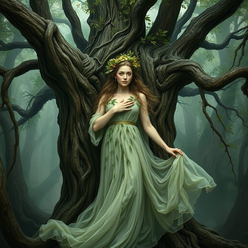Dryad Emerges from Ancient Oak in Renaissance Style