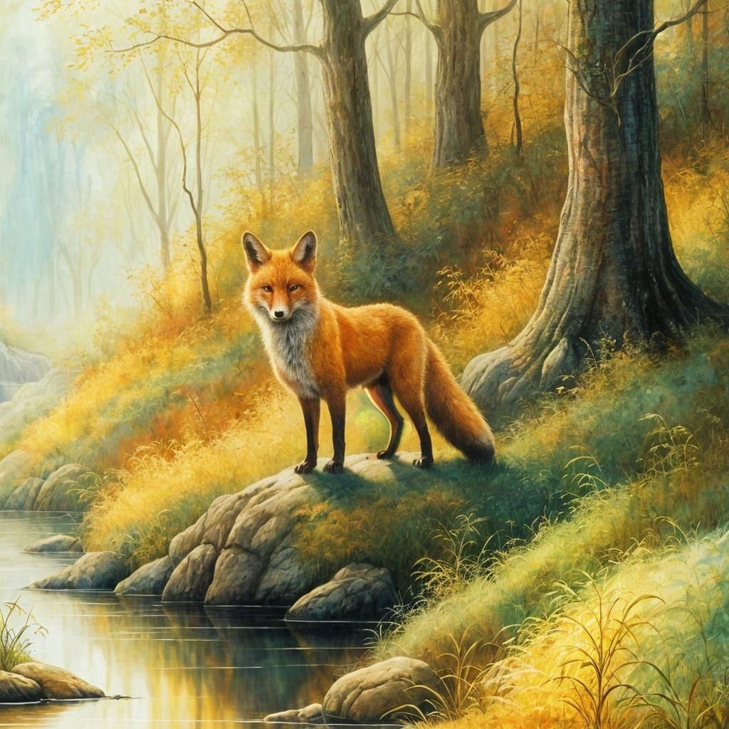 Serene Fox in Lush Forest Oil Painting