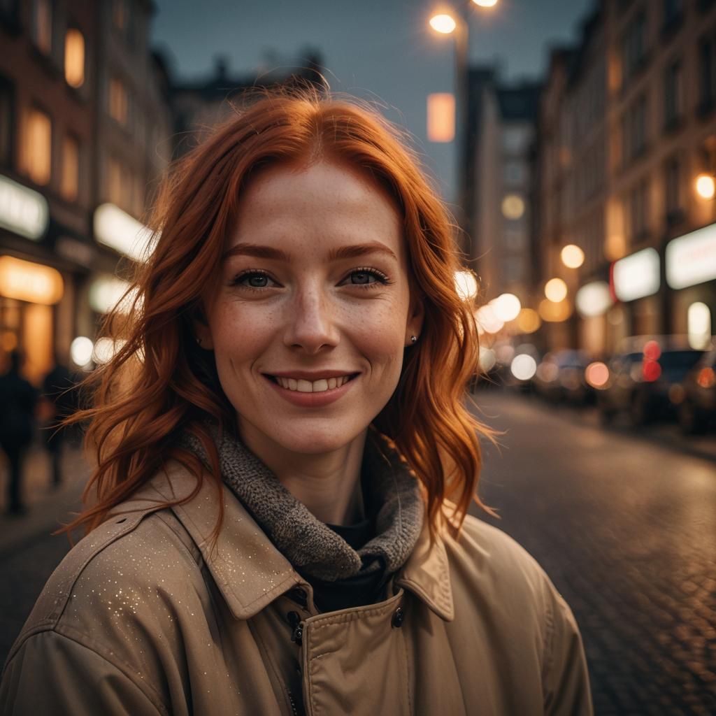Smiling Redhead in Moody Urban Portrait