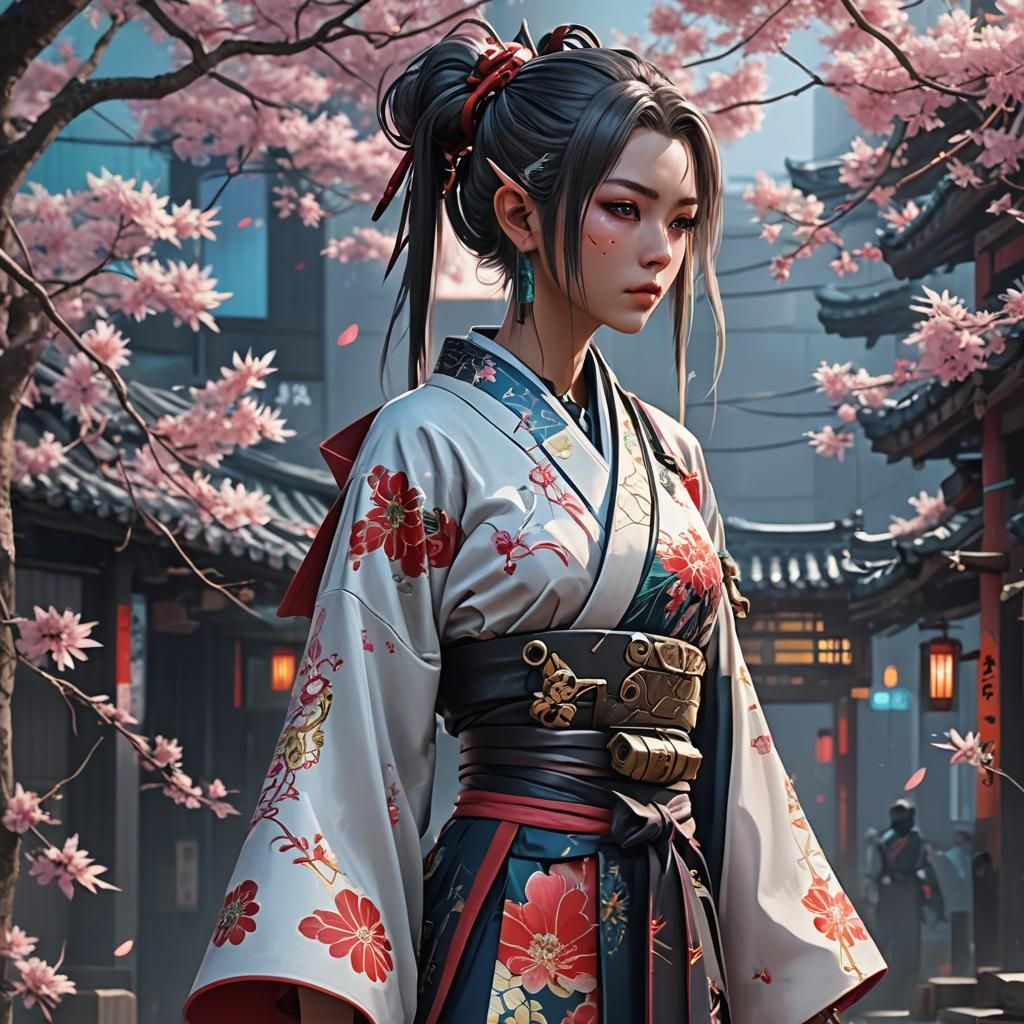 Cyberpunk Elf Warrior in Kimono: 3D Anime Art