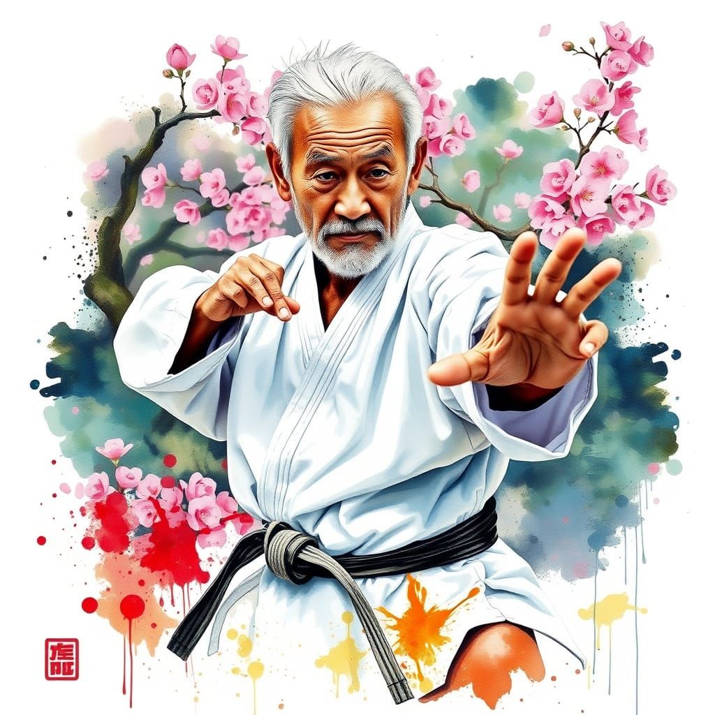 Japanese Karate Master in Expressive Watercolor