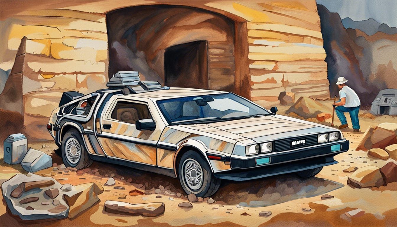 Mummy Finds Delorean in Gouache Style Dig