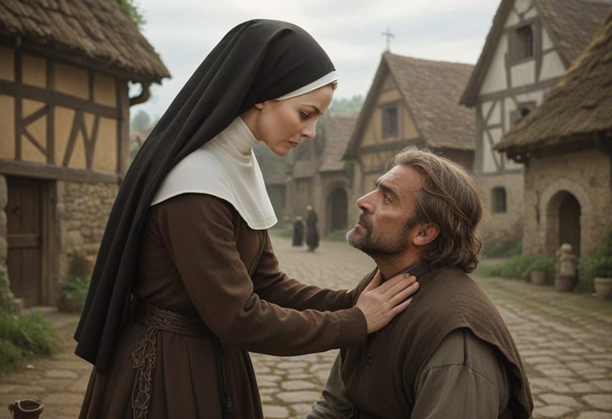 Natalie Dormer as Medieval Nun Comforts Peasant