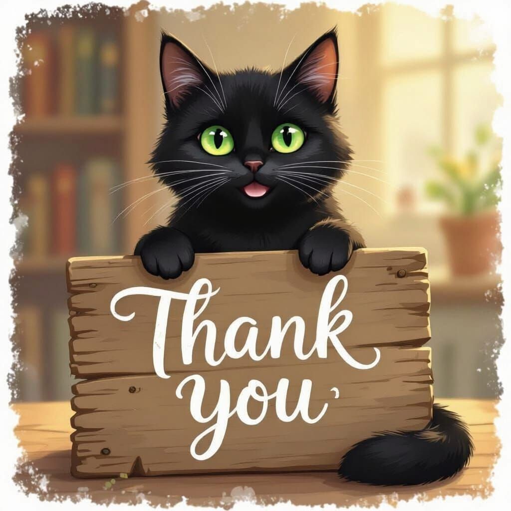 Cute Black Cat Holding 'Thank You' Sign in Storybook Style