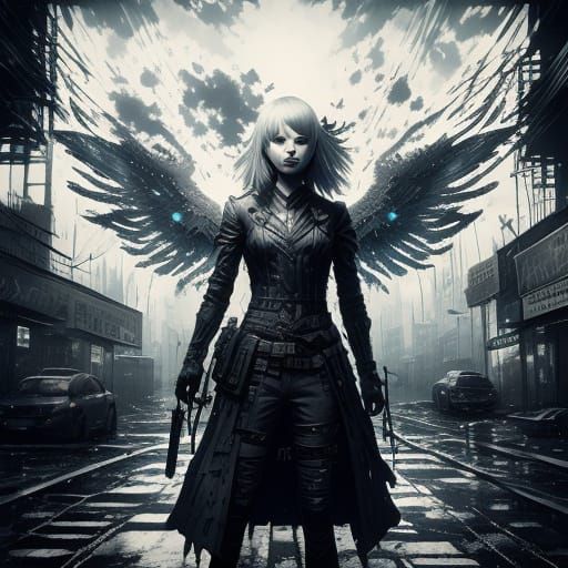 Anime Angel in Gritty Cityscape at Night