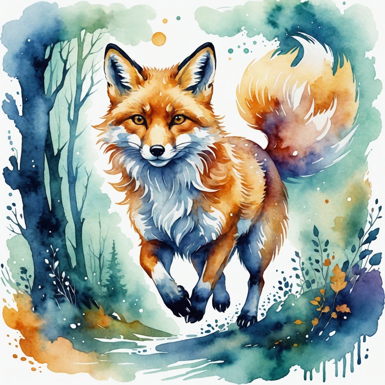 Spirit Fox Runs Through Dream Realm in Watercolor