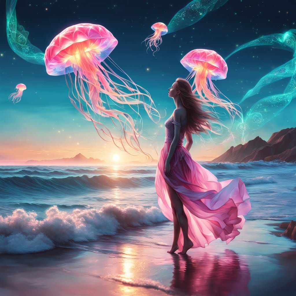 A surreal sunrise scene over an ocean made entirely of liqui...