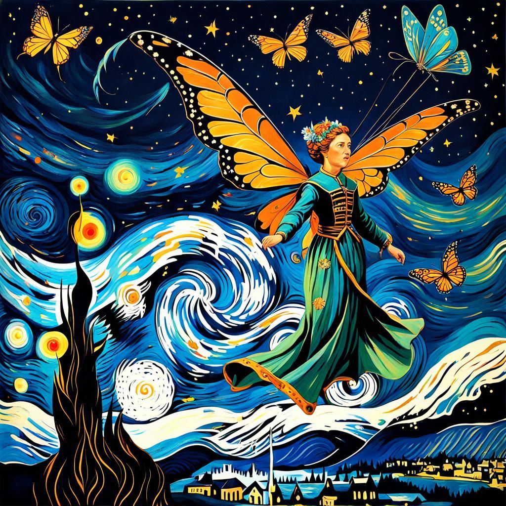 Fairy with Monarch Wings Flying Kite, Van Gogh Style