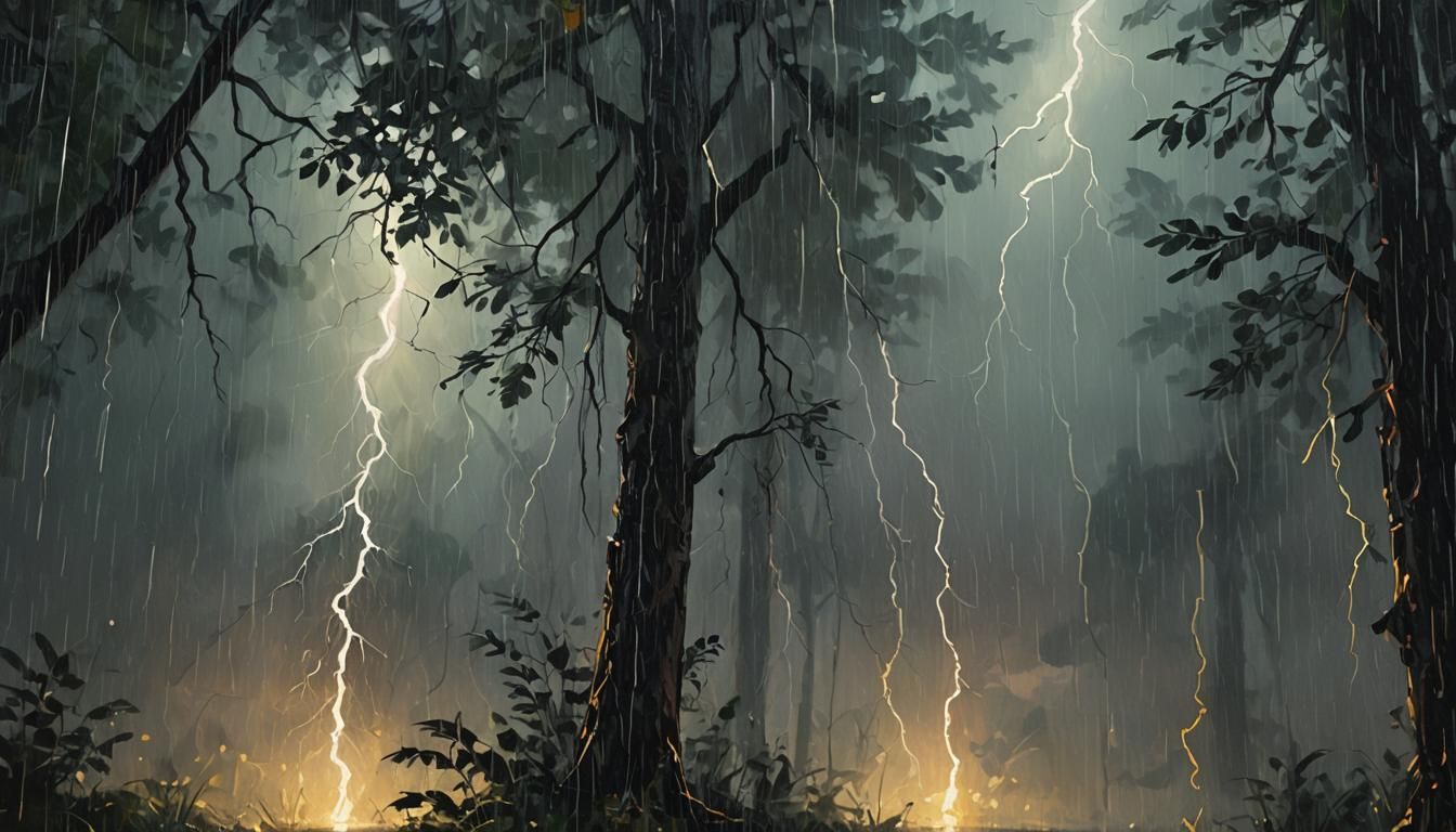 Dramatic Forest Storm Painting with Lightning