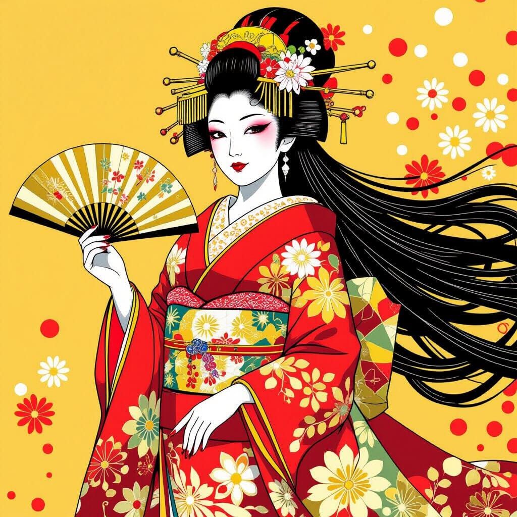 Elegant Oiran in Pop Art Style Kimono