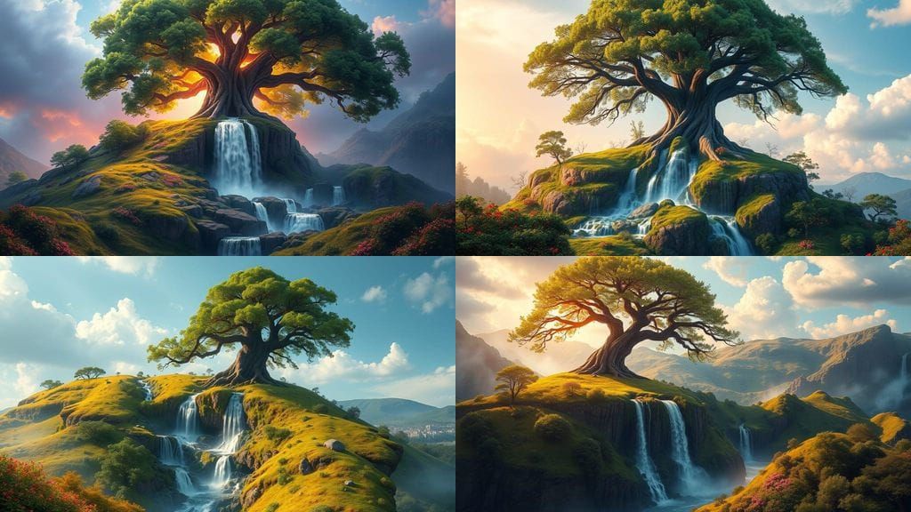 Majestic Tree Surrounded by Vibrant Waterfalls and Rivers in...