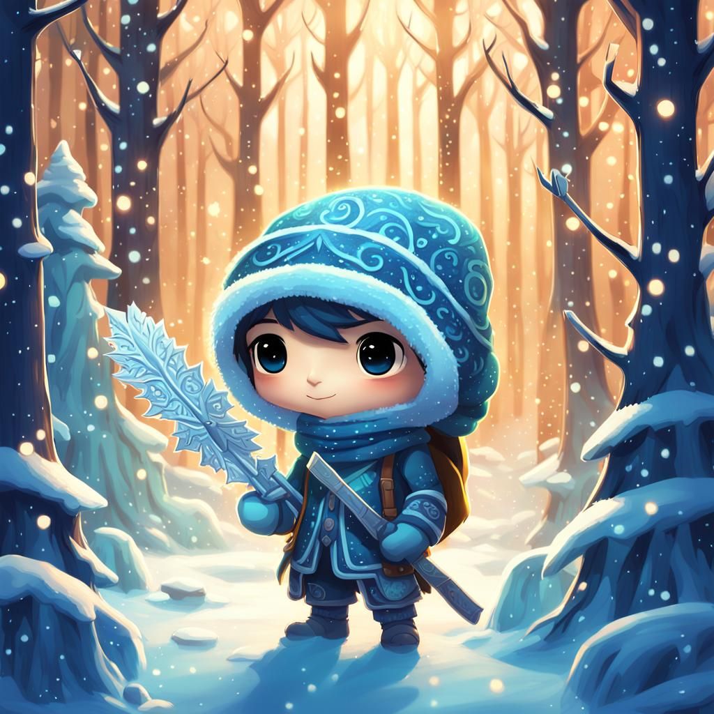 Chibi Figure Holding February Sign in Icy Forest