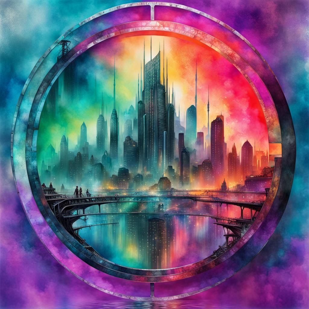 Watery Cyberpunk Cityscape with Silver Accents