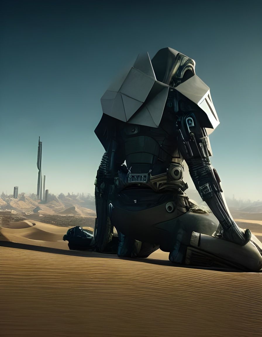 Cyberpunk Woman Kneeling in Desert City