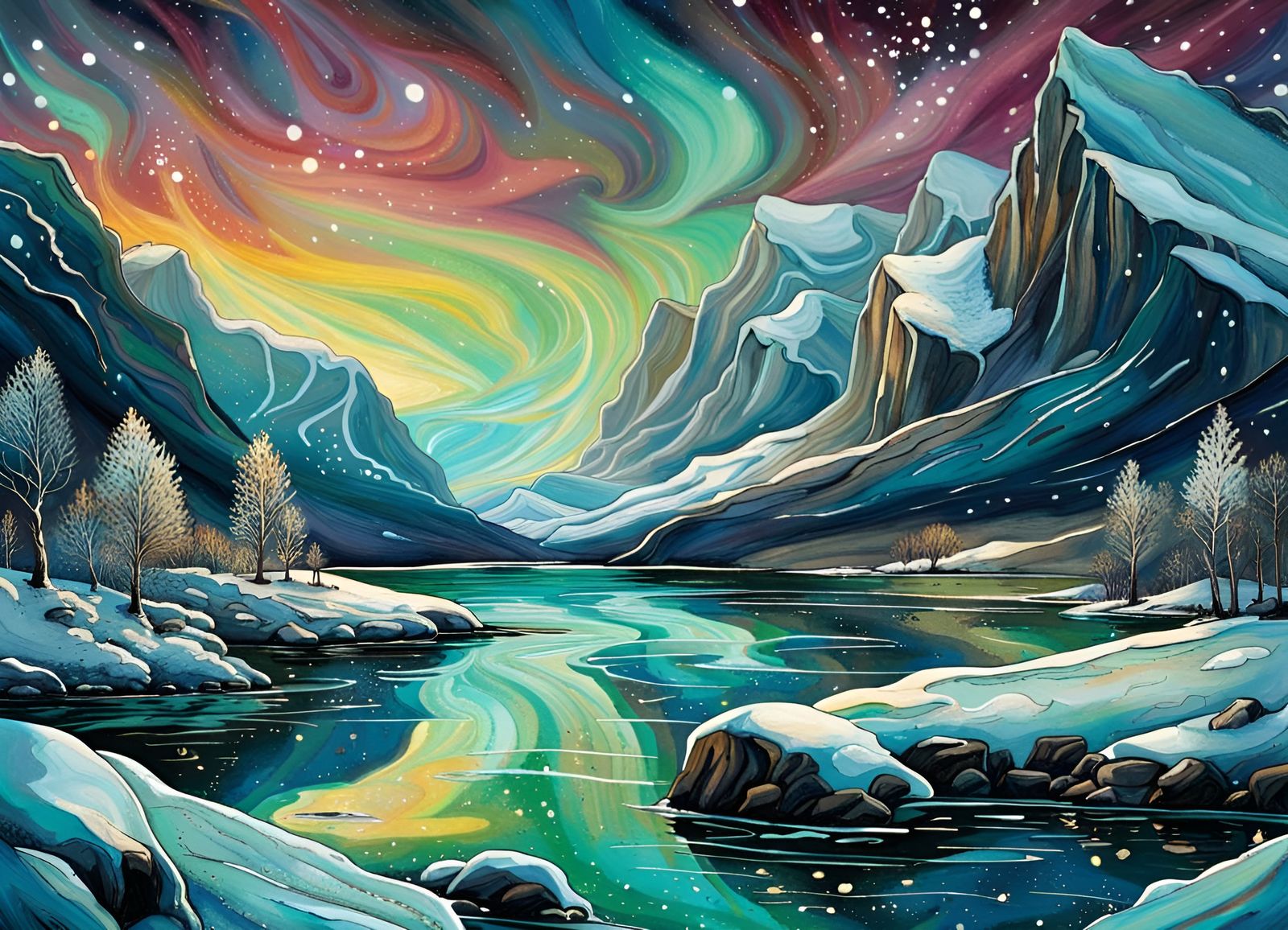 Spectacular Aurora Over Norwegian Fjords Splatter Art