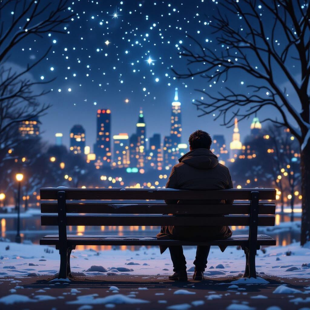 Contemplative Figure Under City Lights: A Realistic Digital ...