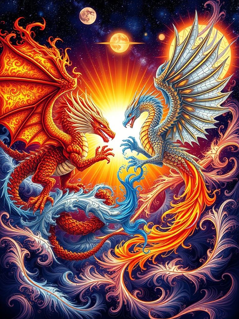 Cosmic Battle: Fire Dragon Versus Ice Phoenix