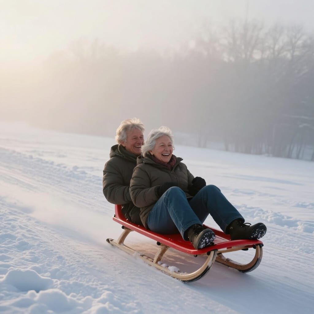 Elderly Couple Laughing on Red Sled Down Snowy Hill